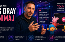Portrait de Greg Dray d’Animaj avec infographie sur la crise de monétisation des contenus enfants sur YouTube, montrant 15 % d’audience pour moins de 2 % des revenus publicitaires.