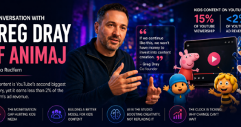 Portrait de Greg Dray d’Animaj avec infographie sur la crise de monétisation des contenus enfants sur YouTube, montrant 15 % d’audience pour moins de 2 % des revenus publicitaires.