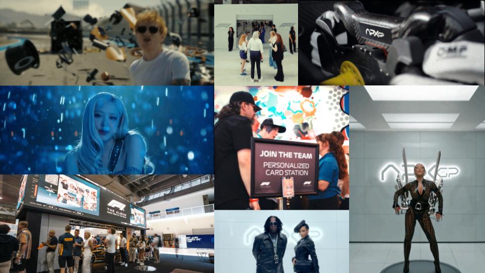 Collage of visuals from F1 The Album activations and music videos, combining Formula 1 imagery, artist performances, fan experiences and branded entertainment installations.