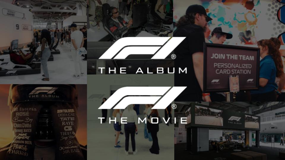 Collage of Formula 1 promotional activations for F1 The Album and F1 The Movie, featuring fan experiences, branded installations and live event engagement spaces.