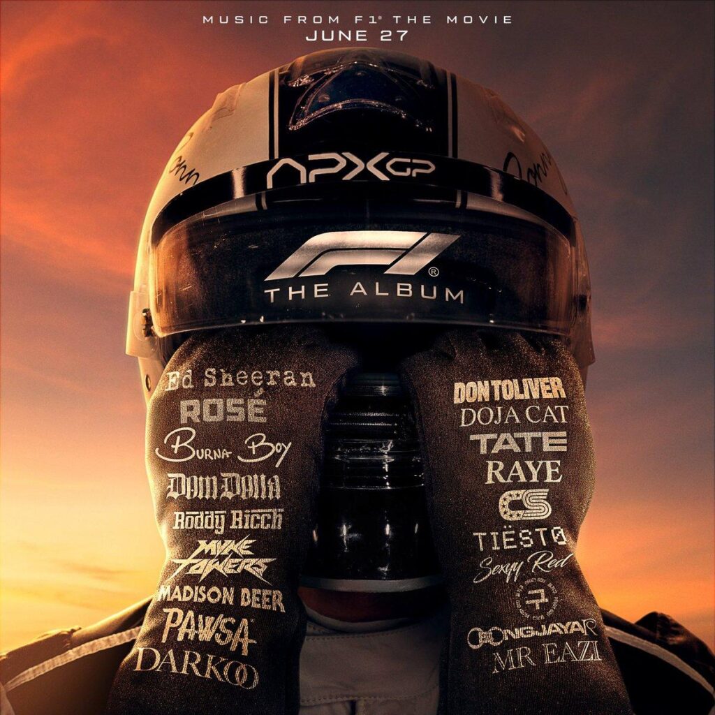 Promotional artwork for F1 The Album, featuring a racing helmet at sunset with the names of contributing music artists displayed across the balaclava.