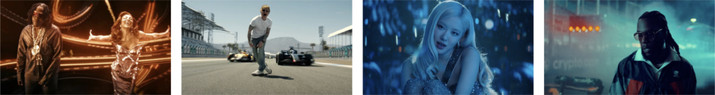 Collage of music video stills featuring artists collaborating on F1 The Album, including performances set against Formula 1 racing environments and cinematic visuals.