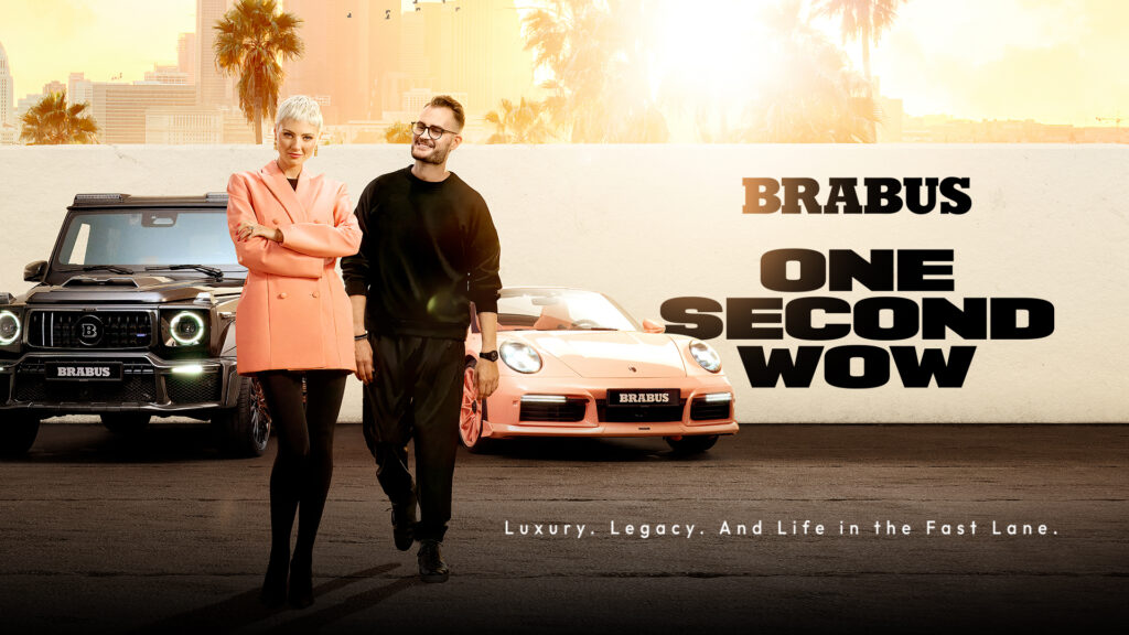 Promotional poster for BRABUS: One Second Wow featuring Constantin Buschmann and Mili Umicevic alongside BRABUS vehicles, illustrating a brand entertainment project on Prime Video.