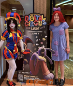 Two fans dressed as characters from The Amazing Digital Circus pose beside a promotional display, showcasing the strong engagement and creativity of the franchise’s fan community.