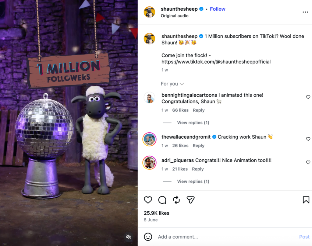 Instagram post celebrating Shaun the Sheep reaching one million TikTok followers, featuring the character standing beside a disco ball and a sign highlighting the milestone, with visible fan engagement in the comments.