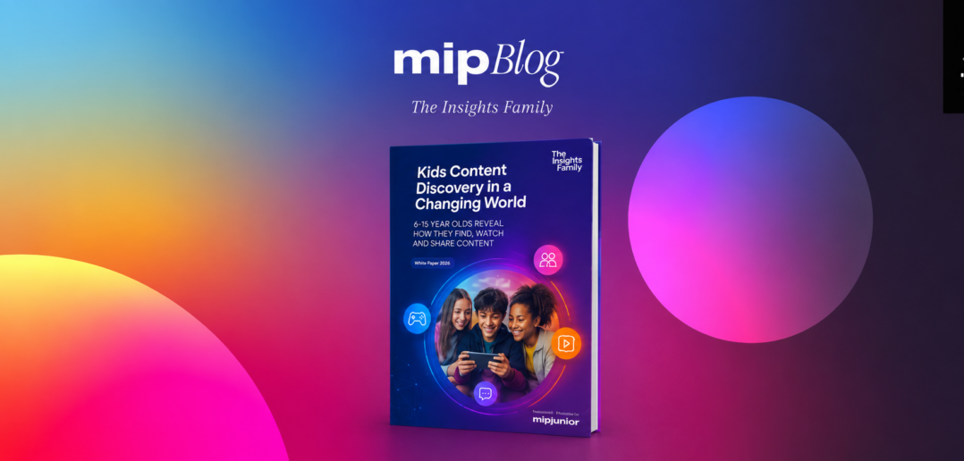 White paper cover titled Kids Content Discovery in a Changing World displayed on a colorful promotional banner for MIPJUNIOR and The Insights Family.