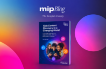 White paper cover titled Kids Content Discovery in a Changing World displayed on a colorful promotional banner for MIPJUNIOR and The Insights Family.
