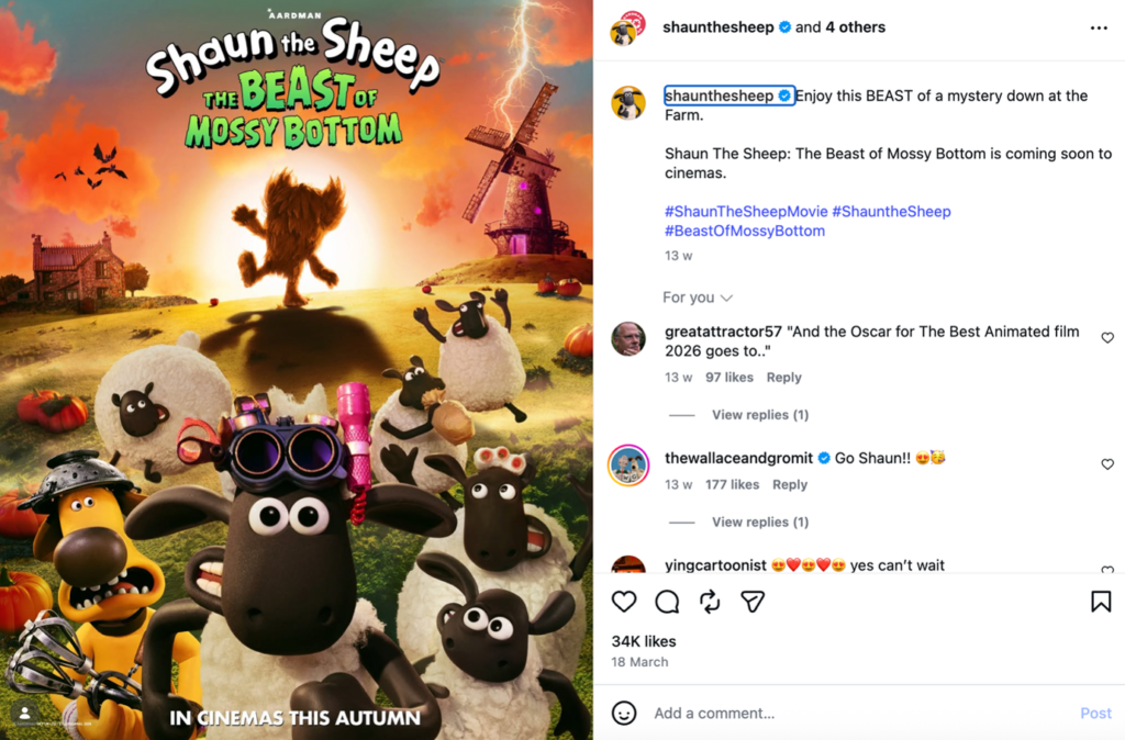 Instagram post promoting Shaun the Sheep: The Beast of Mossy Bottom, featuring Shaun and other characters in a Halloween-themed scene alongside visible fan comments and social media engagement.